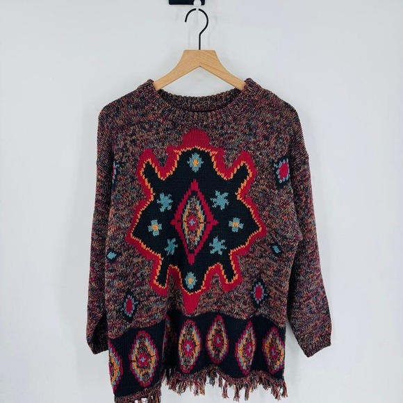 Vintage Sweaters - Vintage Cynthia Sweater 1X Boho Southwestern Fringe Hem Colorful Knit